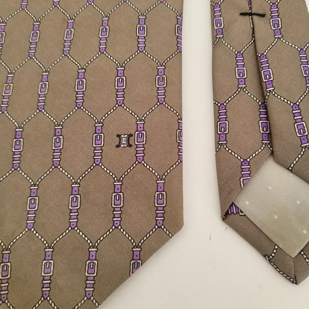 Celine Men's Neck Tie Made In Spain Designer Silk Gray Purple Geometric‎ Belts